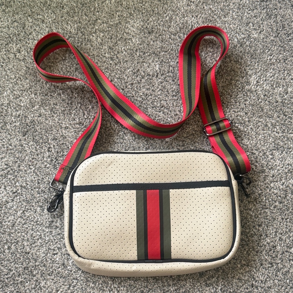 HAUTE SHORE Beige Crossbody Bag with Red and Green Stripes
